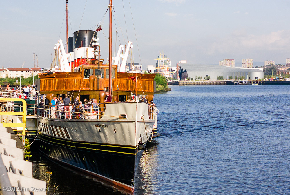 Waverley at Pacific Quay, Glasgow, with the Riverside Museum behind